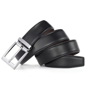 Men's black genuine leather belt with brushed silver buckle on a clean white background