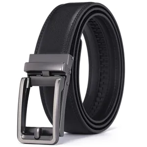 Men's leather business belt with automatic buckle and black lychee grain texture