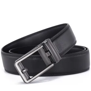 Classic black leather men's belt with gunmetal buckle in a stylish coiled display