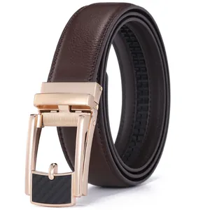 Men's dark brown leather belt with gold automatic buckle and carbon fiber detail