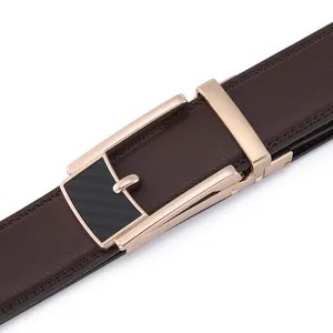 Men's dark brown leather belt with gold automatic buckle and carbon fiber inlay