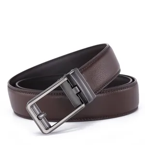 Men's dark brown genuine leather business belt with automatic buckle and lychee texture