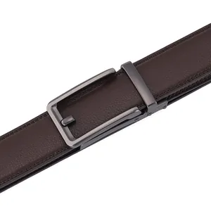 Men's dark brown leather automatic belt with brushed metal buckle and litchi texture