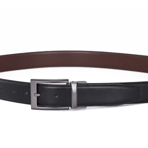 Close-up of a men's reversible leather belt with a rotating matte metal buckle