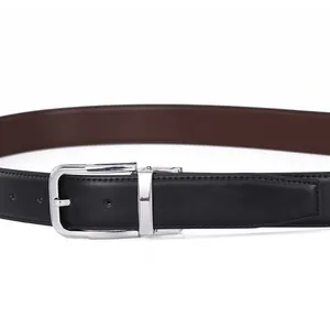 Classic reversible leather belt for men with rotatable silver needle buckle and stitching