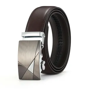 Detail of men's brown leather belt with brushed silver automatic metal buckle and stitching