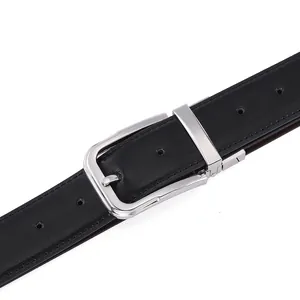 Classic men's black leather belt featuring a silver rotating needle buckle and smooth finish