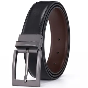 Men's reversible leather belt with black and brown sides and rotating gunmetal buckle