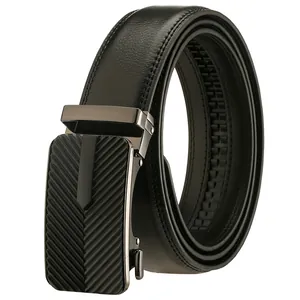 Ceinture Homme en Cuir de Vache de Luxe Boucle Automatique Business Décontracté Sangle Taille Couleur Unie Motif Litchi