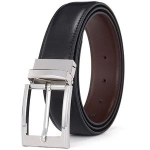 Men's double-sided black and brown leather belt with polished silver pin buckle