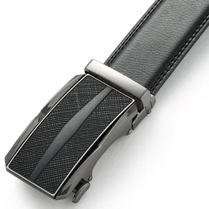 Premium men's leather belt with black lychee pattern and automatic metal buckle