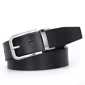 Classic men's black leather belt featuring a reversible silver rotating pin buckle strap