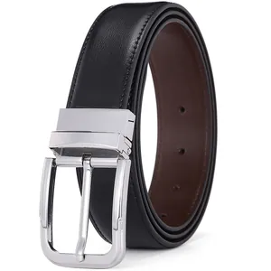 Cintura reversibile da uomo in pelle con fibbia rotante argento in nero e marrone
