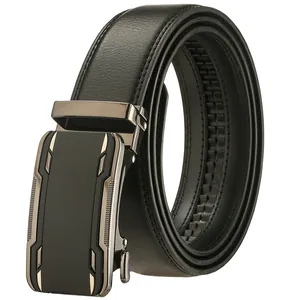 Men's black leather business belt with automatic alloy buckle on a white background