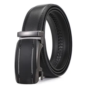 Premium black leather belt for men with textured finish and grey geometric automatic buckle