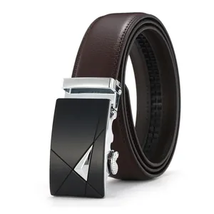 Men's premium brown leather automatic buckle belt with silver metal and matte black frame
