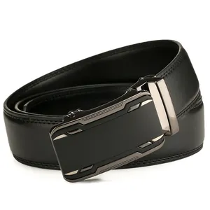 Business men's black leather belt with automatic metal buckle on white background