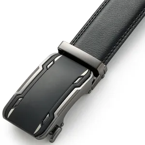 Men's black leather belt with lychee texture and gunmetal automatic buckle for business suits