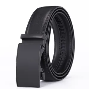 Men's black leather belt with matte black automatic buckle and textured litchi pattern