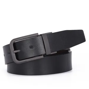 Detail of premium men's leather belt featuring a matte grey rotatable pin buckle finish