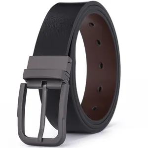 Men's reversible leather belt with black and brown sides and a gunmetal rotating buckle