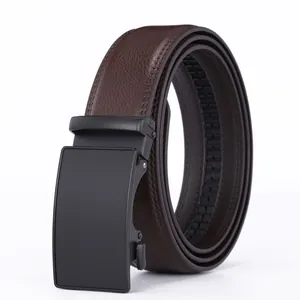 Macro view of dark brown pebbled leather belt with black matte automatic buckle mechanism