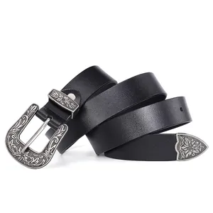 Vintage leather belt for women with baroque engraved metal buckle and silver accents