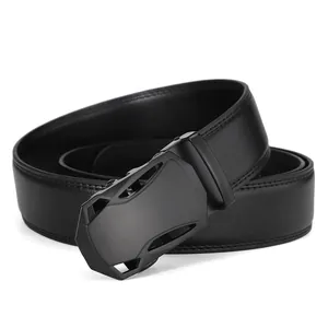 Detail of premium black leather belt with modern matte grey automatic metal buckle
