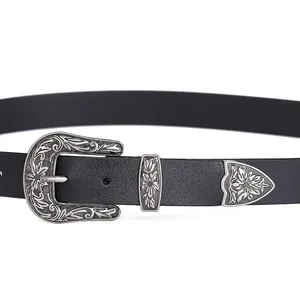 Vintage western leather belt for women with embossed floral buckle and silver metal tip