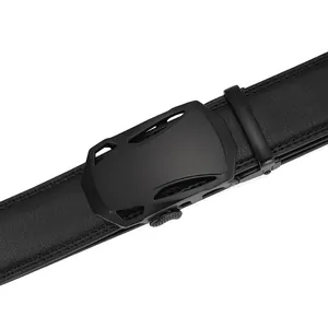 Men's premium black leather belt with matte geometric automatic buckle on white background