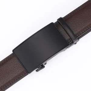 Brown litchi leather men's belt with a matte black automatic buckle for business style