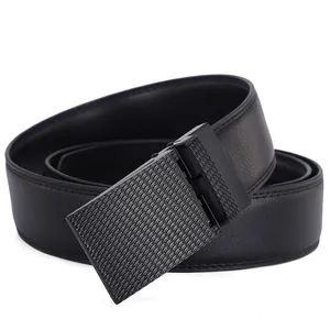 Ceinture pour homme en cuir noir avec boucle automatique en métal à motifs géométriques