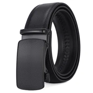 Men's matte black leather automatic buckle belt with textured metal head and litchi grain