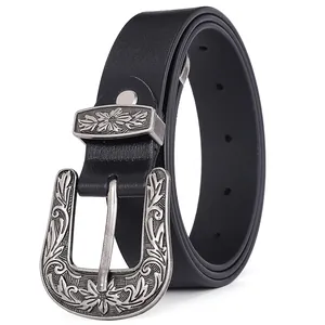 Women Vintage Genuine Leather Belt Western Floral Engraved Alloy Pin Buckle Black Cowhide Waist Belt For Jeans Pants Accessories