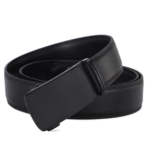 Men's black leather belt with automatic metal buckle and lychee texture on white background