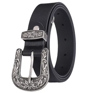 Women's 2.8cm black leather belt with vintage floral engraved silver buckle on white background
