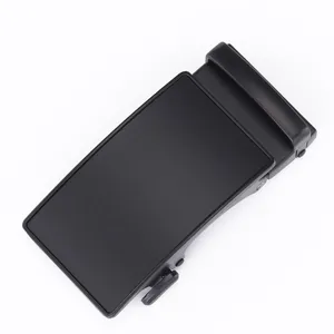 Detail of matte black alloy automatic belt buckle with sleek rectangular minimalist design