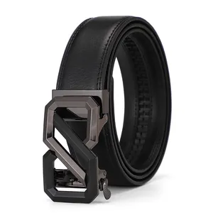 Men's black leather belt with a grey geometric automatic buckle on a clean white background