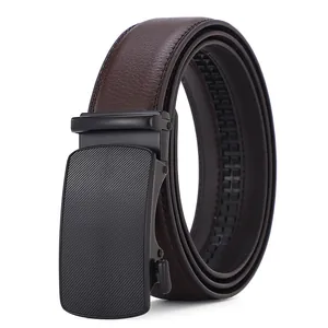 Men's business genuine leather automatic belt with matte black buckle and textured finish
