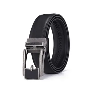 Detail of leather belt showing metal automatic buckle with carbon fiber texture inlay