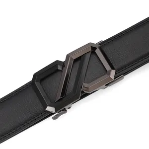 Men's leather belt with black pebble texture and modern geometric automatic buckle