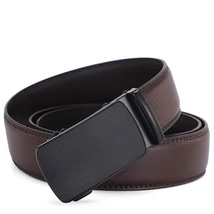 Men's automatic buckle leather belt in dark brown with litchi texture and black metal