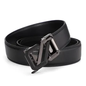 Men's black leather belt with lychee texture and modern dark gray geometric automatic buckle
