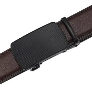 Men's brown leather belt with black automatic buckle and textured striped metal finish