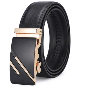 Men's premium black leather belt with automatic gold alloy buckle and textured finish