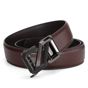 Men's dark brown leather belt with gunmetal geometric buckle for business casual attire