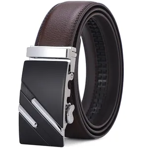 Men's dark brown leather belt with black automatic alloy buckle in a formal business style