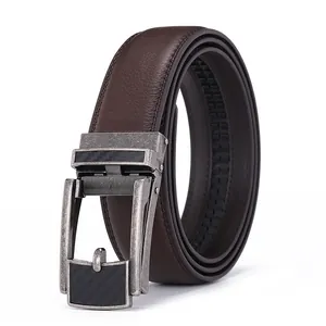 Vintage brown leather belt for men with antique alloy automatic buckle and carbon fiber inlay