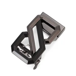 Close-up of a modern geometric zinc alloy automatic buckle for men's leather belts