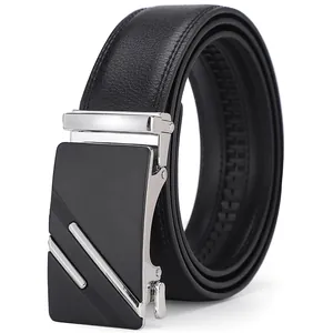 Premium black leather belt for men with a modern textured zinc alloy automatic buckle